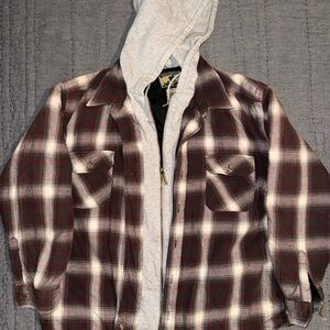 VTG Field & Stream Plaid Jacket Hoodie Chore Work Lined Burgundy Gray Sz XL READ